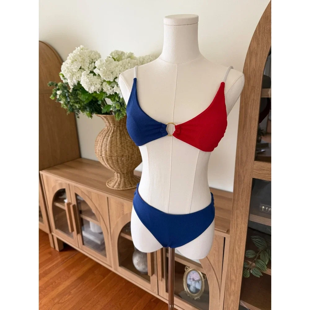 Zaful Ribbed Colorblock Bikini Set Red Blue Gold Ring Detail Size S Small